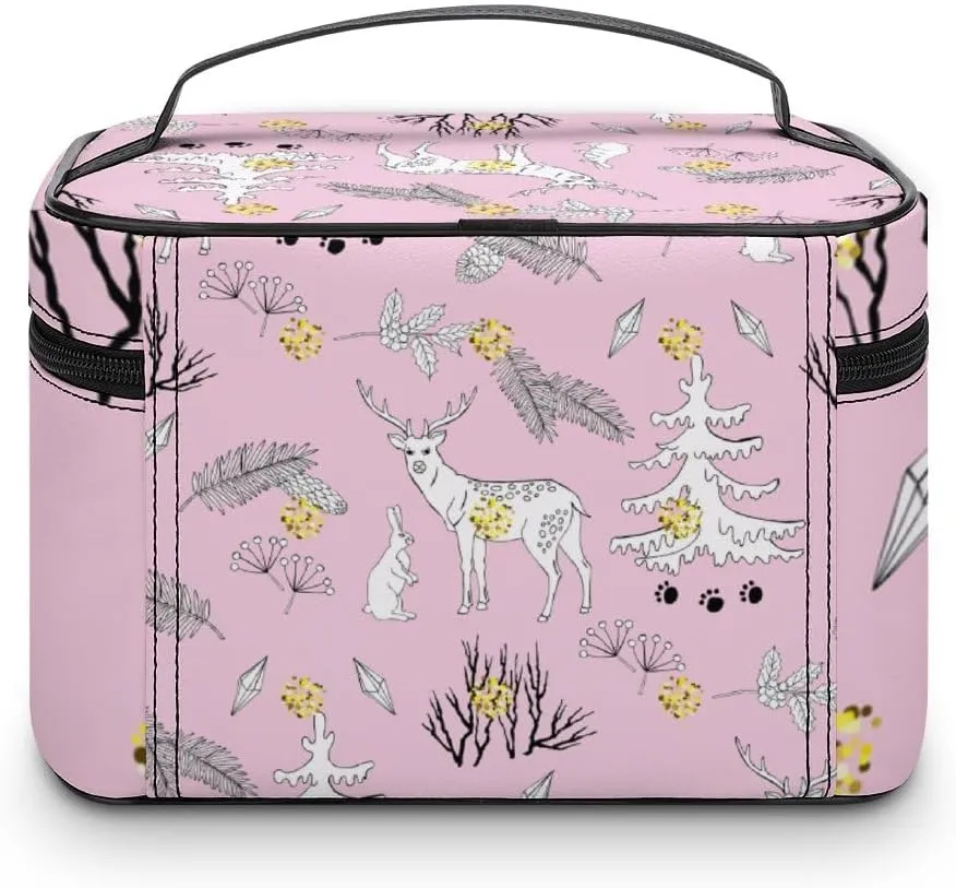 RASHU Forest Deer Christmas Tree Makeup Cosmetic Box Zipper Storage Bag Portable Toiletry Bag with Divider Tools Accessories Case Travelling Essentials Travel Organizer for Women