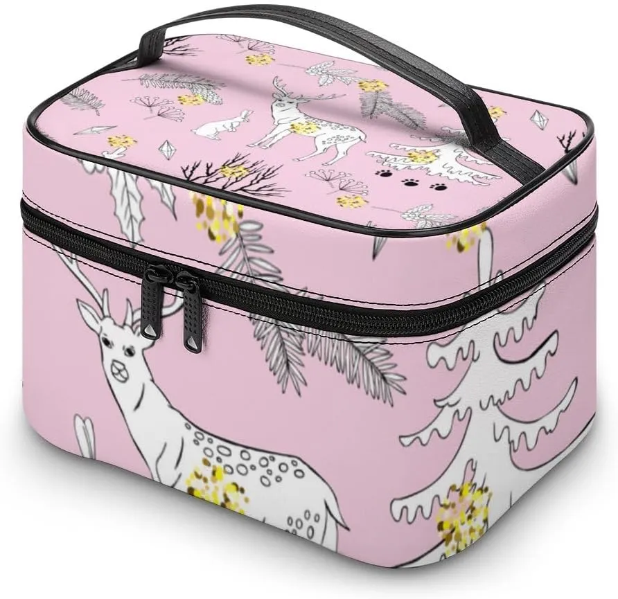 RASHU Forest Deer Christmas Tree Makeup Cosmetic Box Zipper Storage Bag Portable Toiletry Bag with Divider Tools Accessories Case Travelling Essentials Travel Organizer for Women