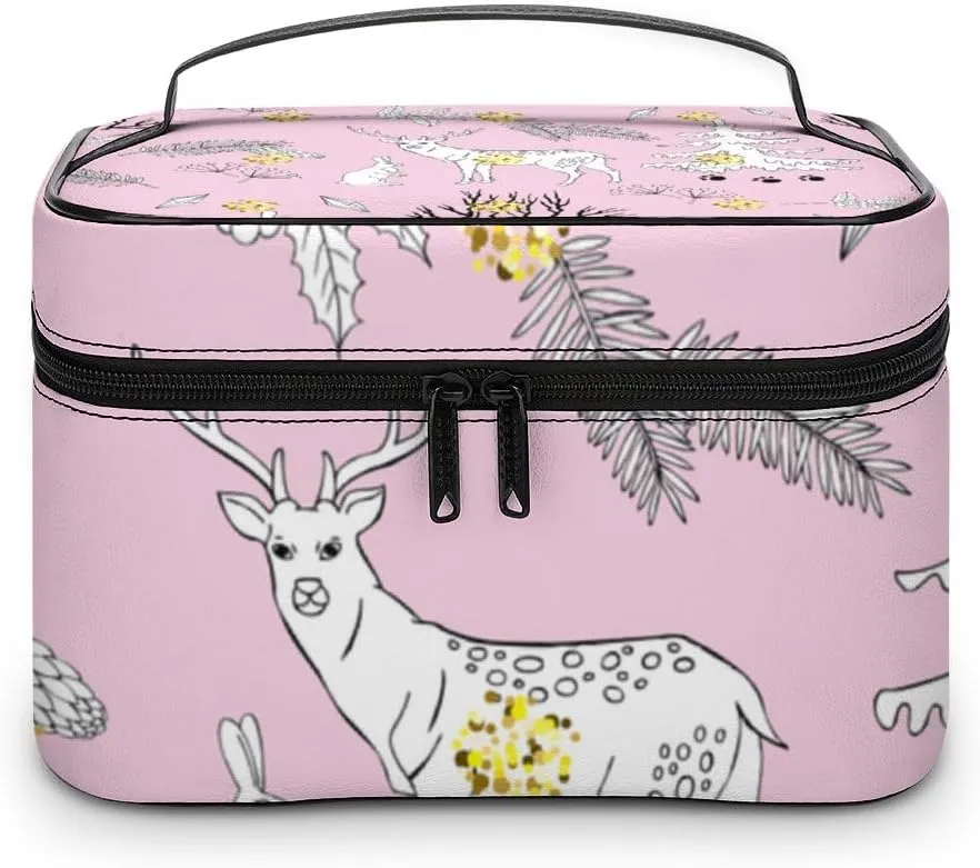 RASHU Forest Deer Christmas Tree Makeup Cosmetic Box Zipper Storage Bag Portable Toiletry Bag with Divider Tools Accessories Case Travelling Essentials Travel Organizer for Women