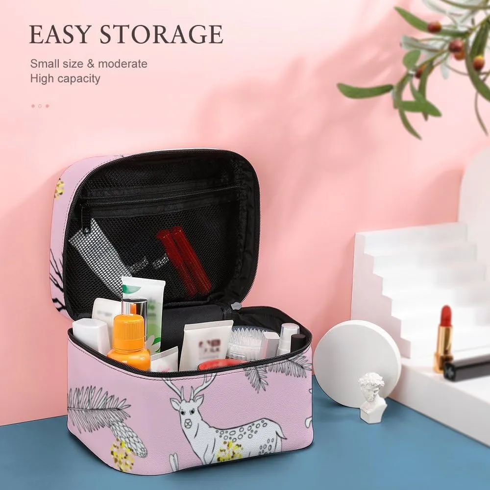RASHU Forest Deer Christmas Tree Makeup Cosmetic Box Zipper Storage Bag Portable Toiletry Bag with Divider Tools Accessories Case Travelling Essentials Travel Organizer for Women