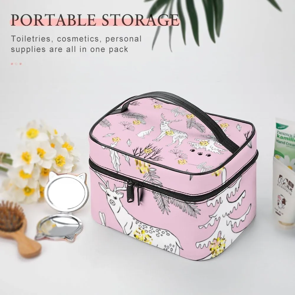 RASHU Forest Deer Christmas Tree Makeup Cosmetic Box Zipper Storage Bag Portable Toiletry Bag with Divider Tools Accessories Case Travelling Essentials Travel Organizer for Women