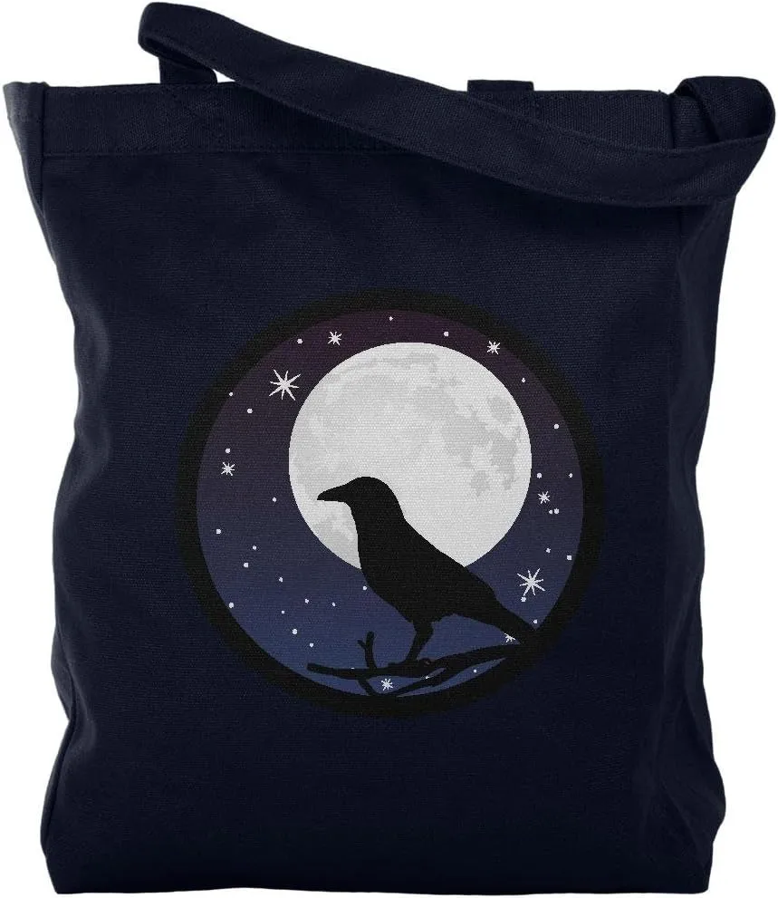 Raven Crow Moon Night Sky Silhouette Canvas Tote Bag Navy Standard One Size
