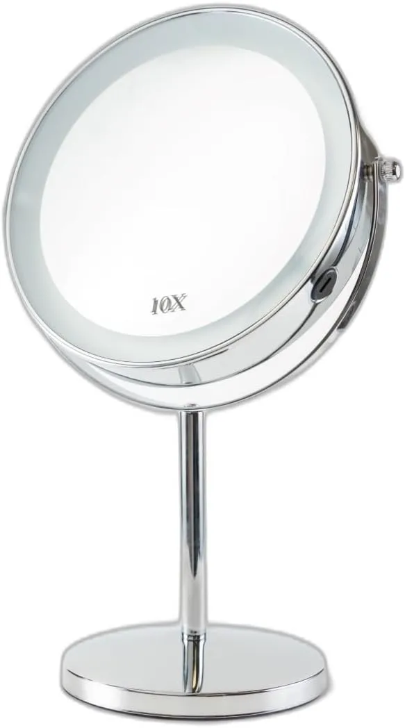 Rechargeable Lighted Makeup Vanity Mirror with Magnification, 8 Inch Double Sided 1X/10X Magnifying Light Up Mirror, Dimmable 360 ° Swivel, Tabletop Desk Cosmetic Cordless Mirror