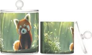 Red Panda Watching Transparent Storage Can Plastic Can Packs of 2 Cotton Swabs Floss Can Cosmetic Cotton Storage Jar for Bathroom and Dressing Table