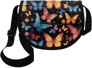 Red Rose Women Small Crossbody Bag Butterfly Flower Casual Satchel Tribal Ethnic Semi Circle Bag with Zipper Pocket