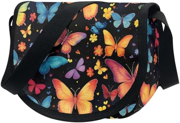 Red Rose Women Small Crossbody Bag Butterfly Flower Casual Satchel Tribal Ethnic Semi Circle Bag with Zipper Pocket