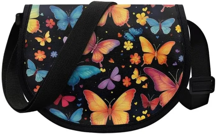 Red Rose Women Small Crossbody Bag Butterfly Flower Casual Satchel Tribal Ethnic Semi Circle Bag with Zipper Pocket