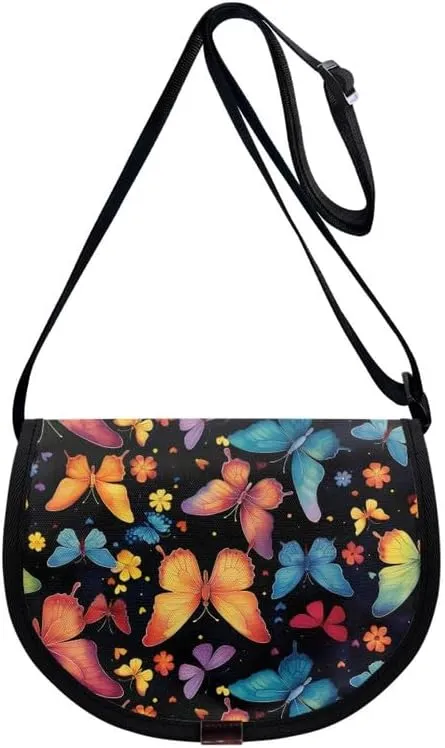 Red Rose Women Small Crossbody Bag Butterfly Flower Casual Satchel Tribal Ethnic Semi Circle Bag with Zipper Pocket