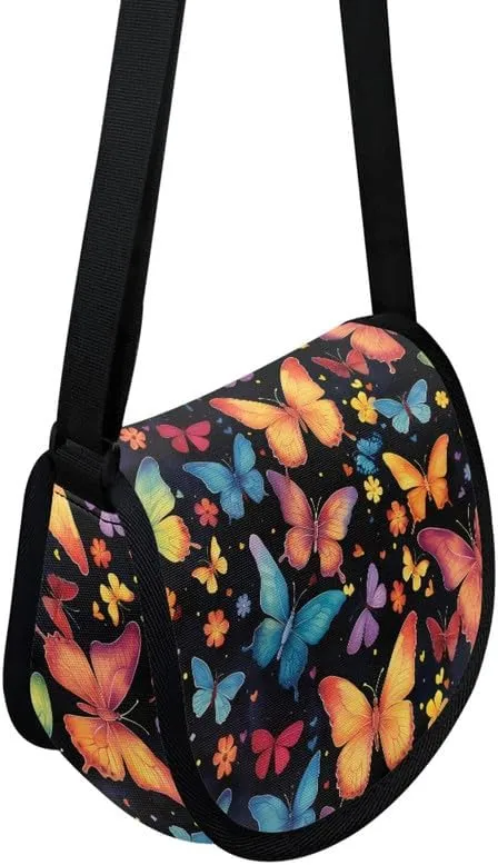 Red Rose Women Small Crossbody Bag Butterfly Flower Casual Satchel Tribal Ethnic Semi Circle Bag with Zipper Pocket