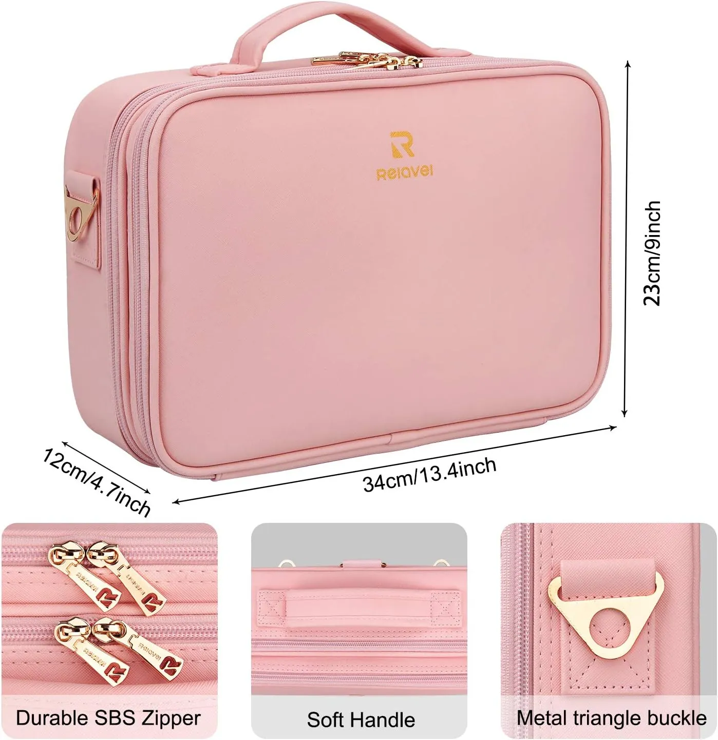 Relavel Makeup Bag Travel Makeup Train Case 13.8 inches Large Cosmetic Case Professional Portable Makeup Brush Holder Organizer and Storage with Adjustable Dividers and Shoulder Strap (Pink)