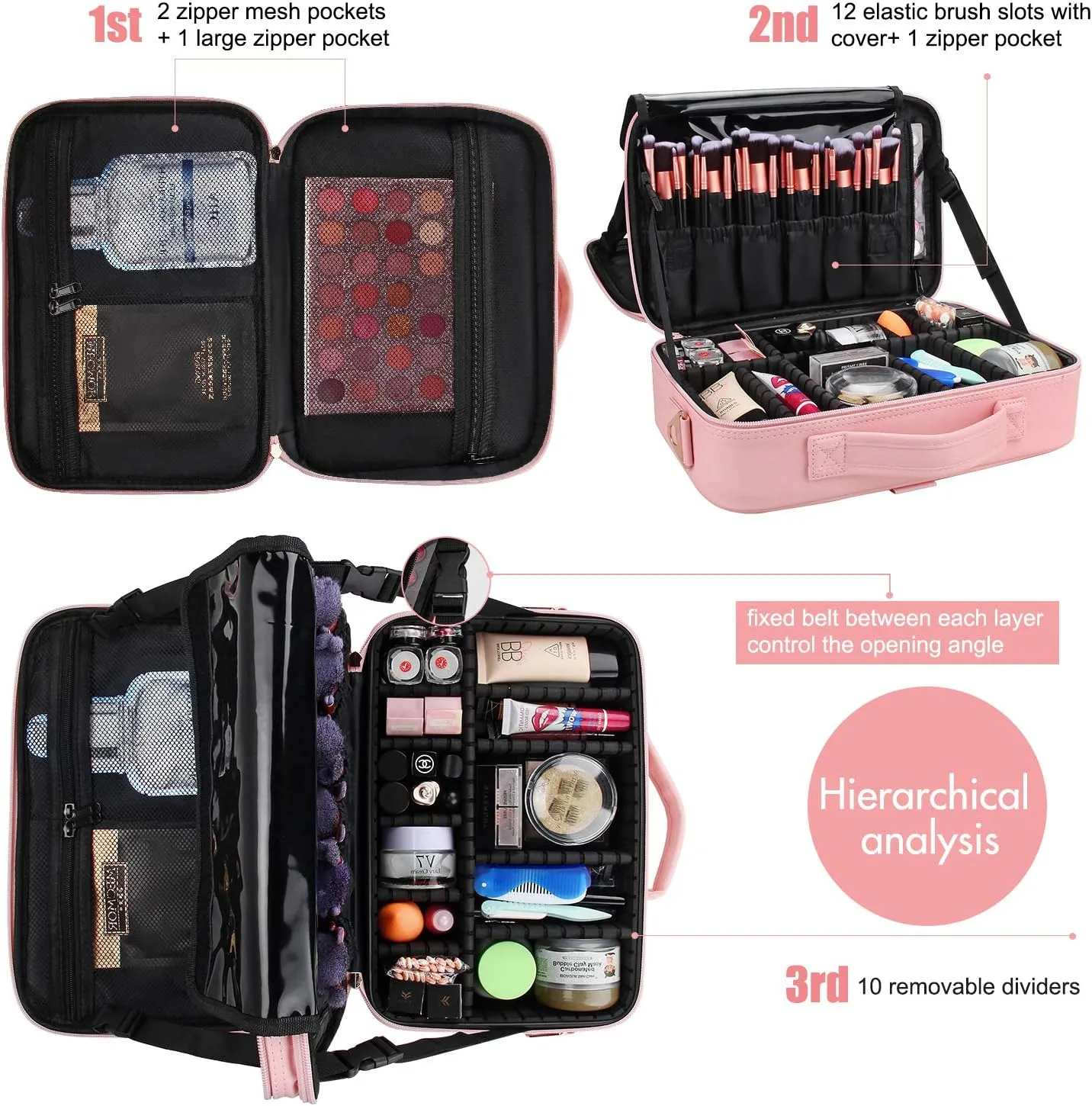Relavel Makeup Bag Travel Makeup Train Case 13.8 inches Large Cosmetic Case Professional Portable Makeup Brush Holder Organizer and Storage with Adjustable Dividers and Shoulder Strap (Pink)