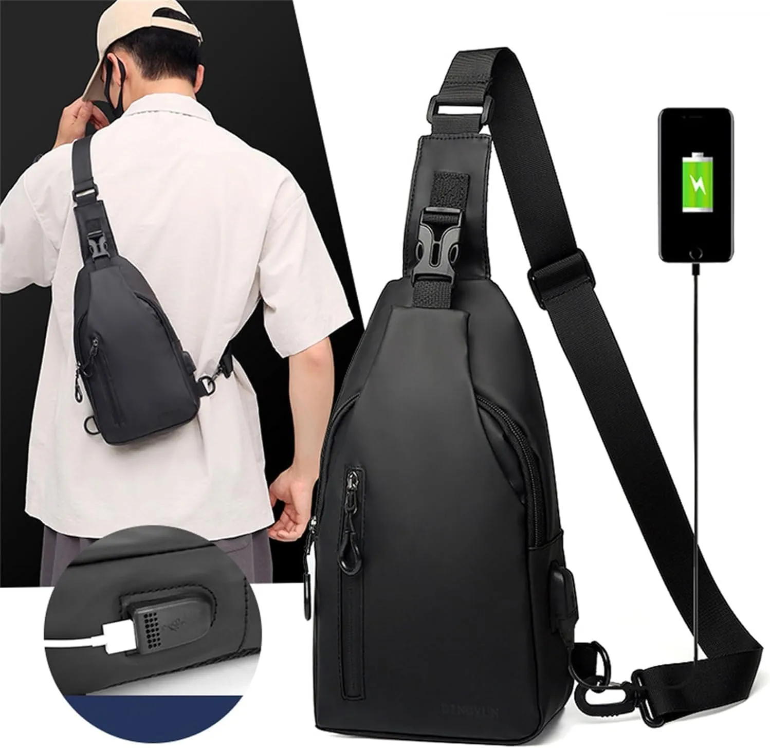 Reposaltrust Waterproof Shoulder Bag,Shoulder Bag with USB,Waterproof Shoulder Bag for Men,Men Crossbody Bags