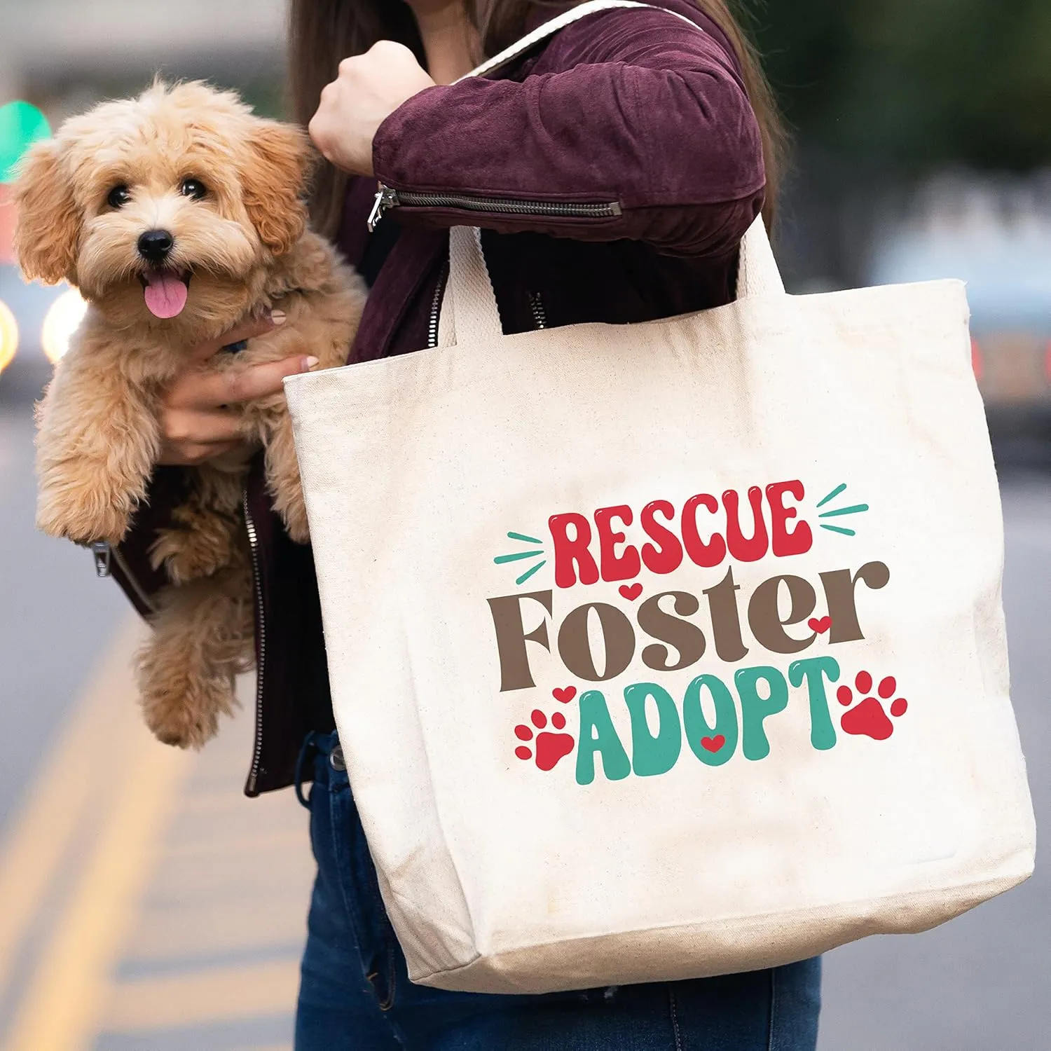 Rescue Dog Collection Canvas Tote Bag, Summer Beach Bag, Carryall Bookbag (Rescue Foster Adopt)
