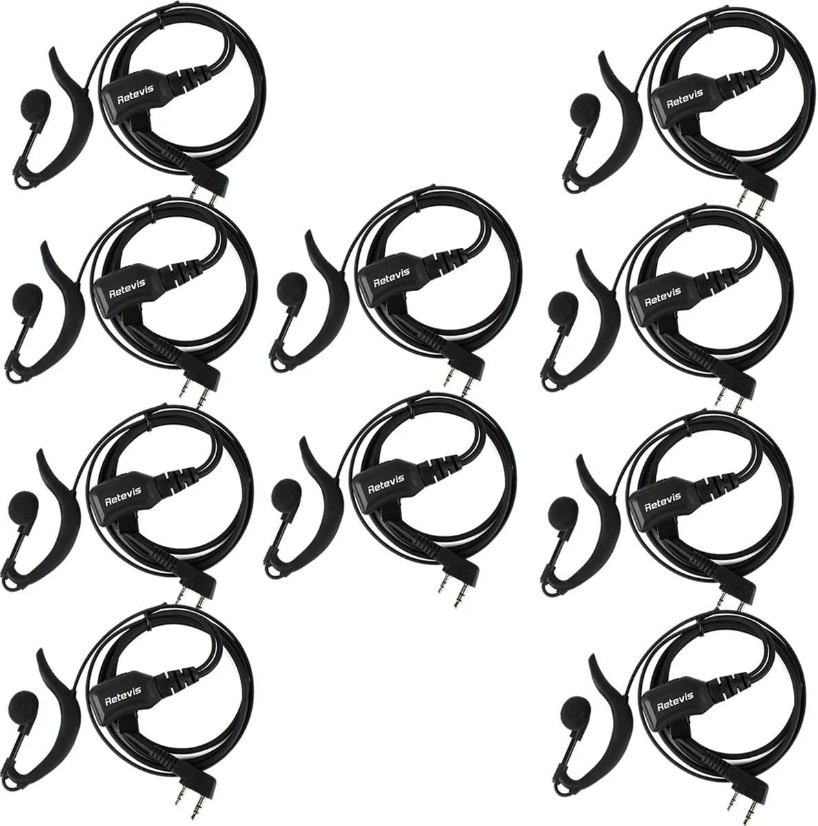 Retevis Walkie Talkie Earpiece with Mic,Volume Adjust,G Shape, for RT22 RT68 RT21 H-777 H-777S RT86,Compatible with Baofeng UV-5R 888S pxton Kenwood Two Way Radios,2 Way Radio Earpiece 2 Pin(10 Pack)