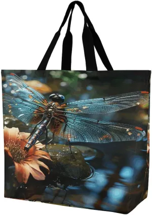 Reusable Grocery Bags,Dragonfly Flying on The Pond Print Tote Bag,reusable Shopping Bags,unisex Portable Shoppers Bag for Work,Travel,Shopping