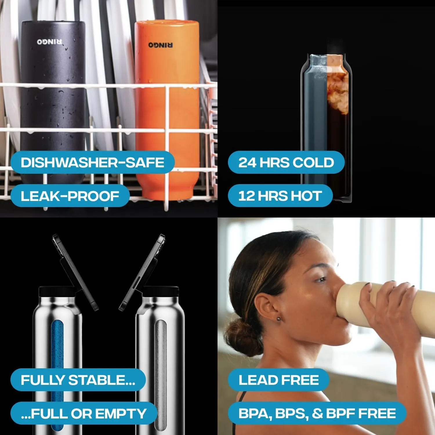 Ringo Insulated Water Bottle | Compatible MagSafe Water Bottle With Phone Holder | Stainless Steel Water Bottle With Magnetic Phone Tripod Mount | Hot for 12H, Cold for 24H, 360° Rotate - Orange 32oz