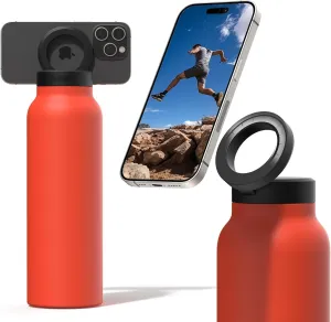 Ringo Insulated Water Bottle | Compatible MagSafe Water Bottle With Phone Holder | Stainless Steel Water Bottle With Magnetic Phone Tripod Mount | Hot for 12H, Cold for 24H, 360° Rotate - Orange 32oz