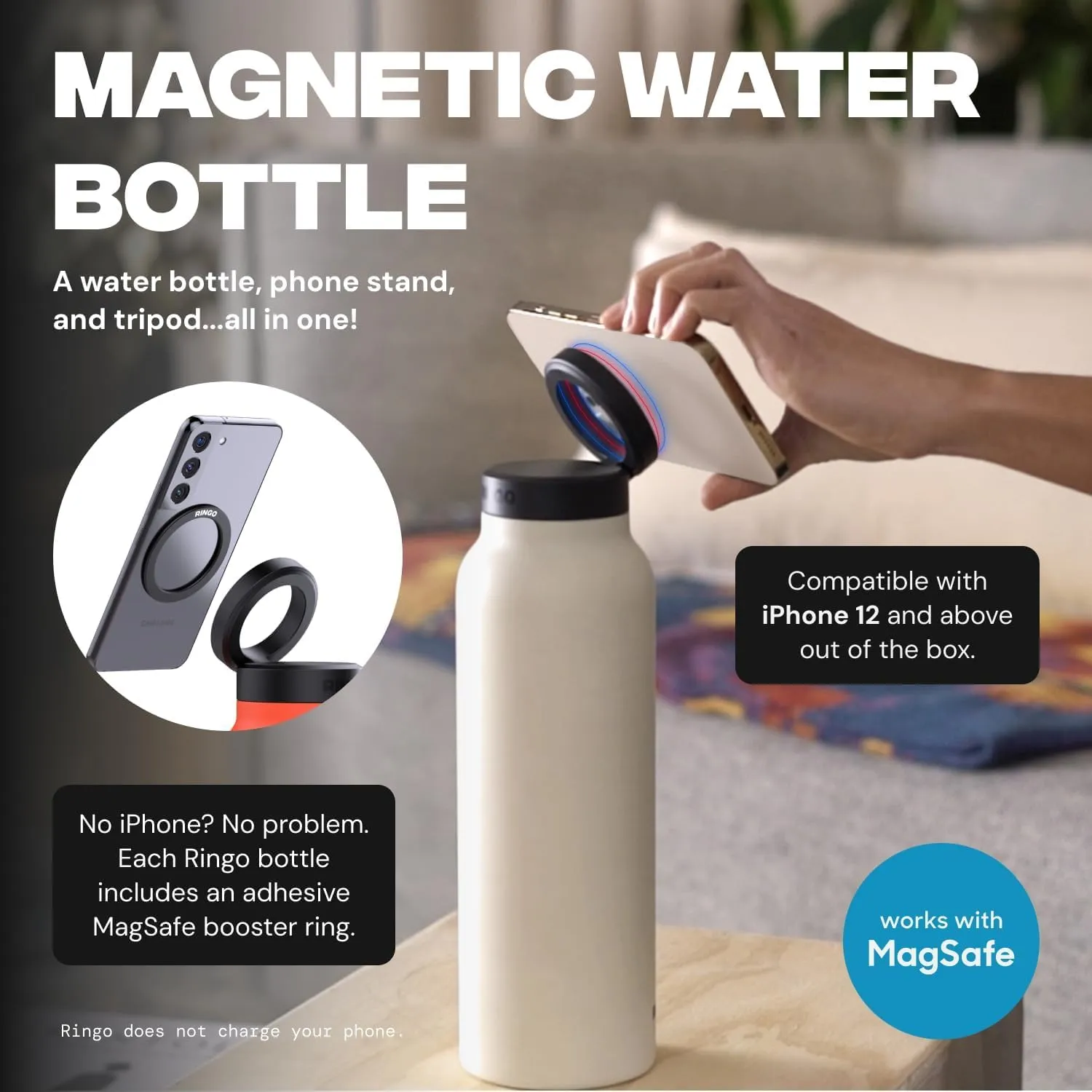 Ringo Insulated Water Bottle | Compatible MagSafe Water Bottle With Phone Holder | Stainless Steel Water Bottle With Magnetic Phone Tripod Mount | Hot for 12H, Cold for 24H, 360° Rotate - Orange 32oz