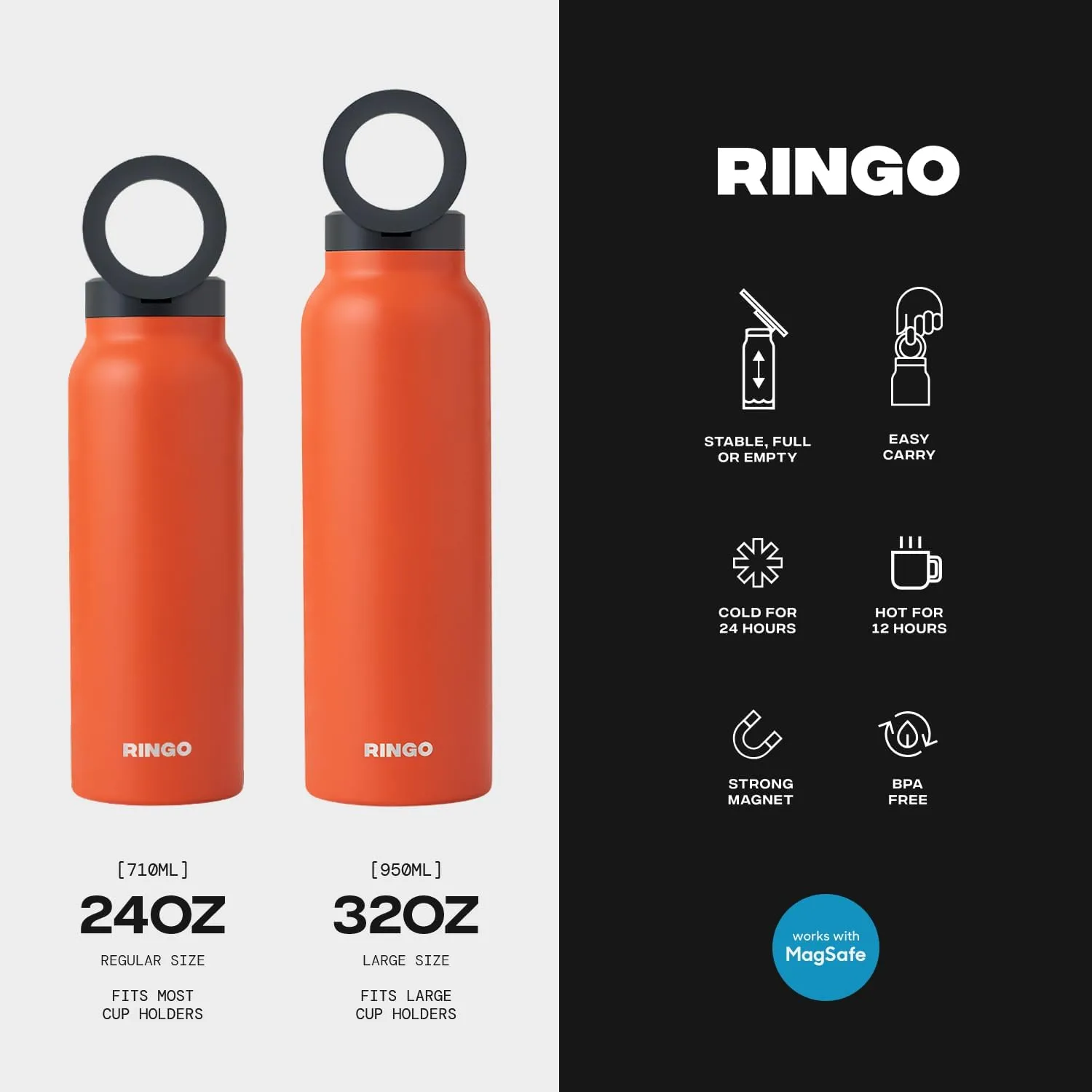 Ringo Insulated Water Bottle | Compatible MagSafe Water Bottle With Phone Holder | Stainless Steel Water Bottle With Magnetic Phone Tripod Mount | Hot for 12H, Cold for 24H, 360° Rotate - Orange 32oz