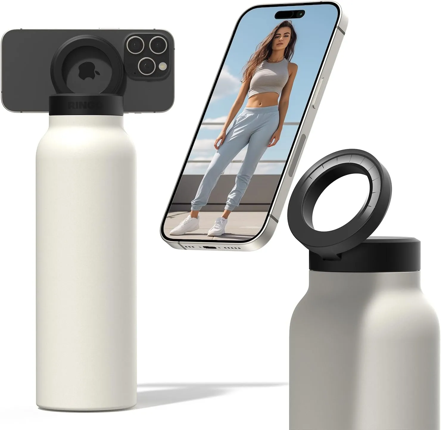 Ringo Insulated Water Bottle | Compatible MagSafe With Phone Holder | Stainless Steel Water Bottle With Magnetic Phone Tripod Mount | Hot for 12H, Cold for 24H, 360° Rotate - Ivory 24oz