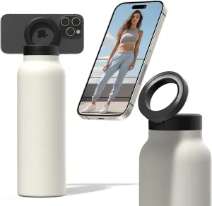 Ringo Insulated Water Bottle | Compatible MagSafe With Phone Holder | Stainless Steel Water Bottle With Magnetic Phone Tripod Mount | Hot for 12H, Cold for 24H, 360° Rotate - Ivory 24oz
