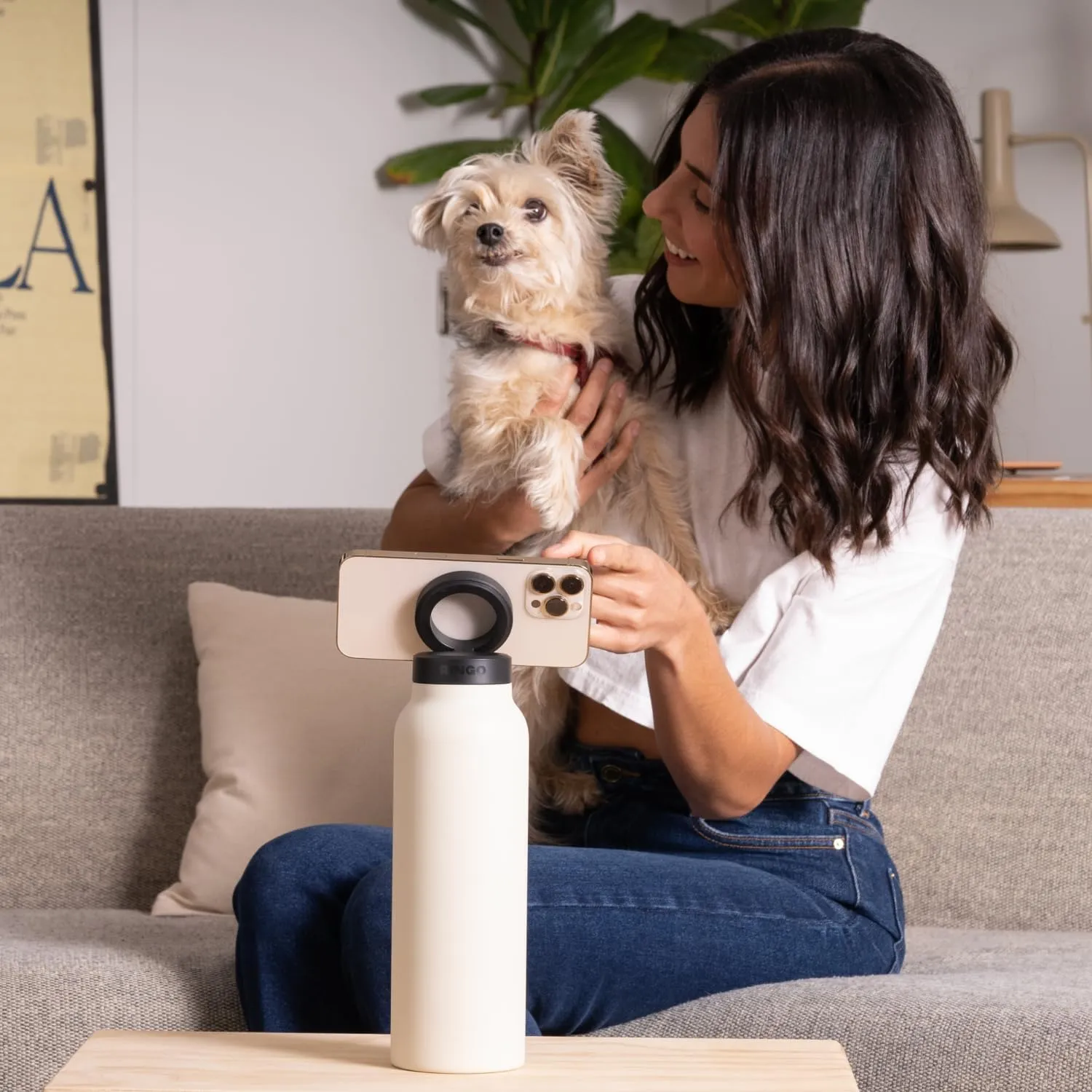 Ringo Insulated Water Bottle | Compatible MagSafe With Phone Holder | Stainless Steel Water Bottle With Magnetic Phone Tripod Mount | Hot for 12H, Cold for 24H, 360° Rotate - Ivory 24oz