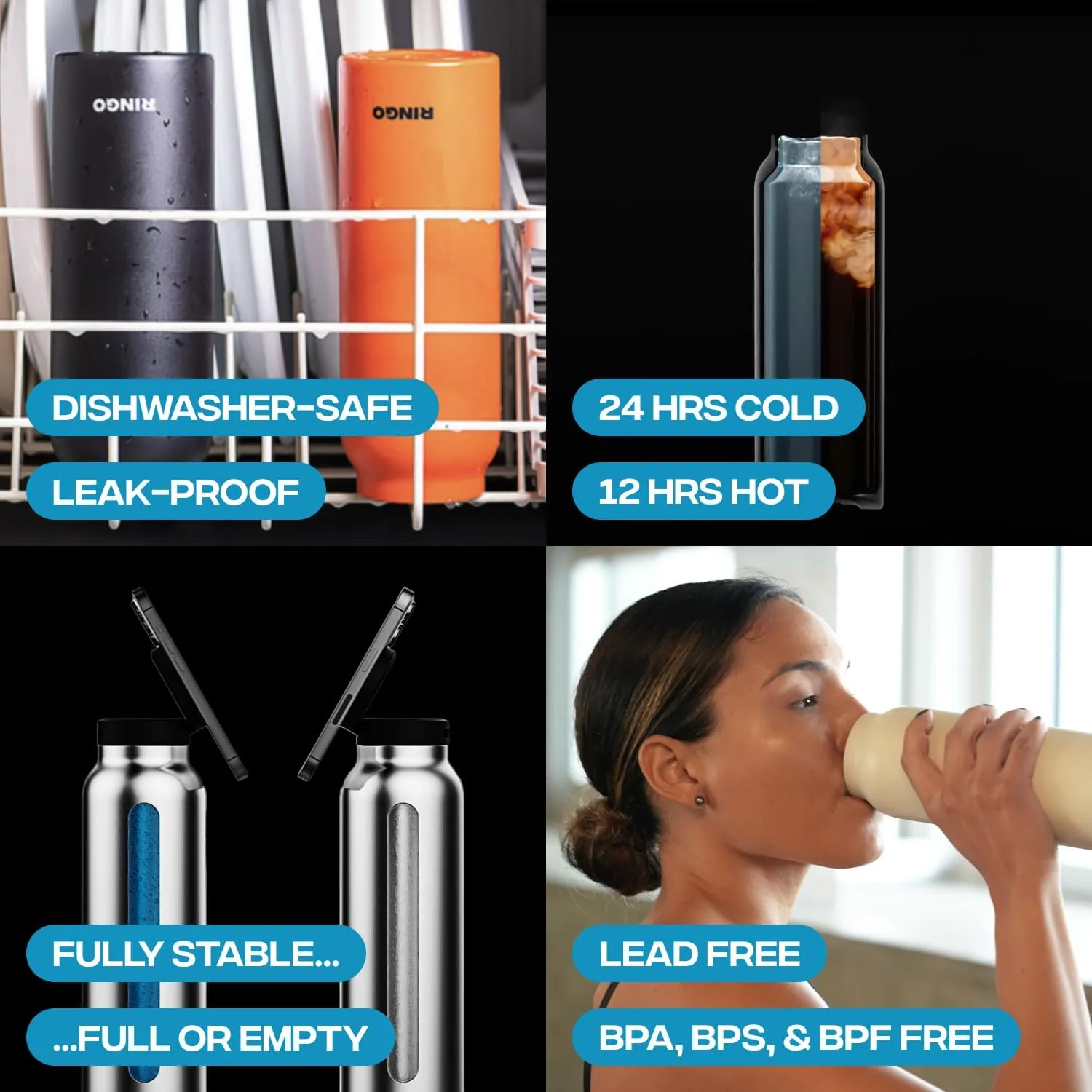 Ringo Insulated Water Bottle | Compatible MagSafe With Phone Holder | Stainless Steel Water Bottle With Magnetic Phone Tripod Mount | Hot for 12H, Cold for 24H, 360° Rotate - Ivory 24oz