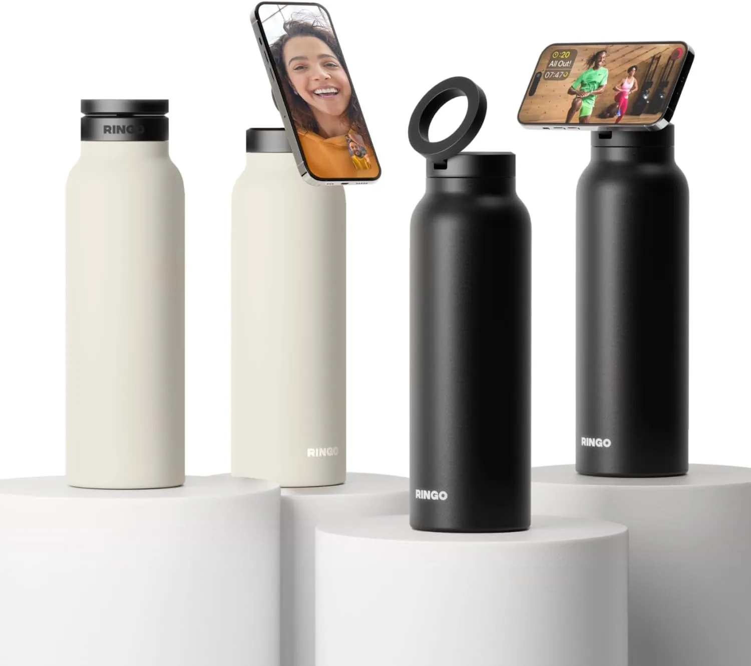 Ringo Insulated Water Bottle | Compatible MagSafe With Phone Holder | Stainless Steel Water Bottle With Magnetic Phone Tripod Mount | Hot for 12H, Cold for 24H, 360° Rotate - Ivory 24oz
