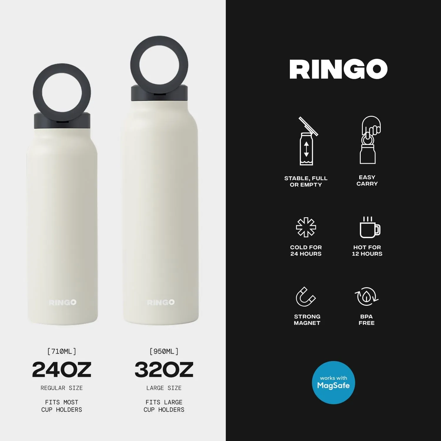 Ringo Insulated Water Bottle | Compatible MagSafe With Phone Holder | Stainless Steel Water Bottle With Magnetic Phone Tripod Mount | Hot for 12H, Cold for 24H, 360° Rotate - Ivory 24oz