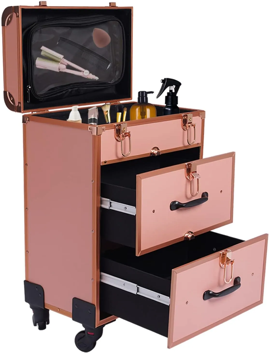 Rolling Makeup Case, 3-tier Professional Makeup Case with Wheels, Cosmetic Trolley for Travel, Salon Makeup Organizer Artist Storage, Maximum Load 110.3lbs, Suitable for Hairdresser, Nail Technician