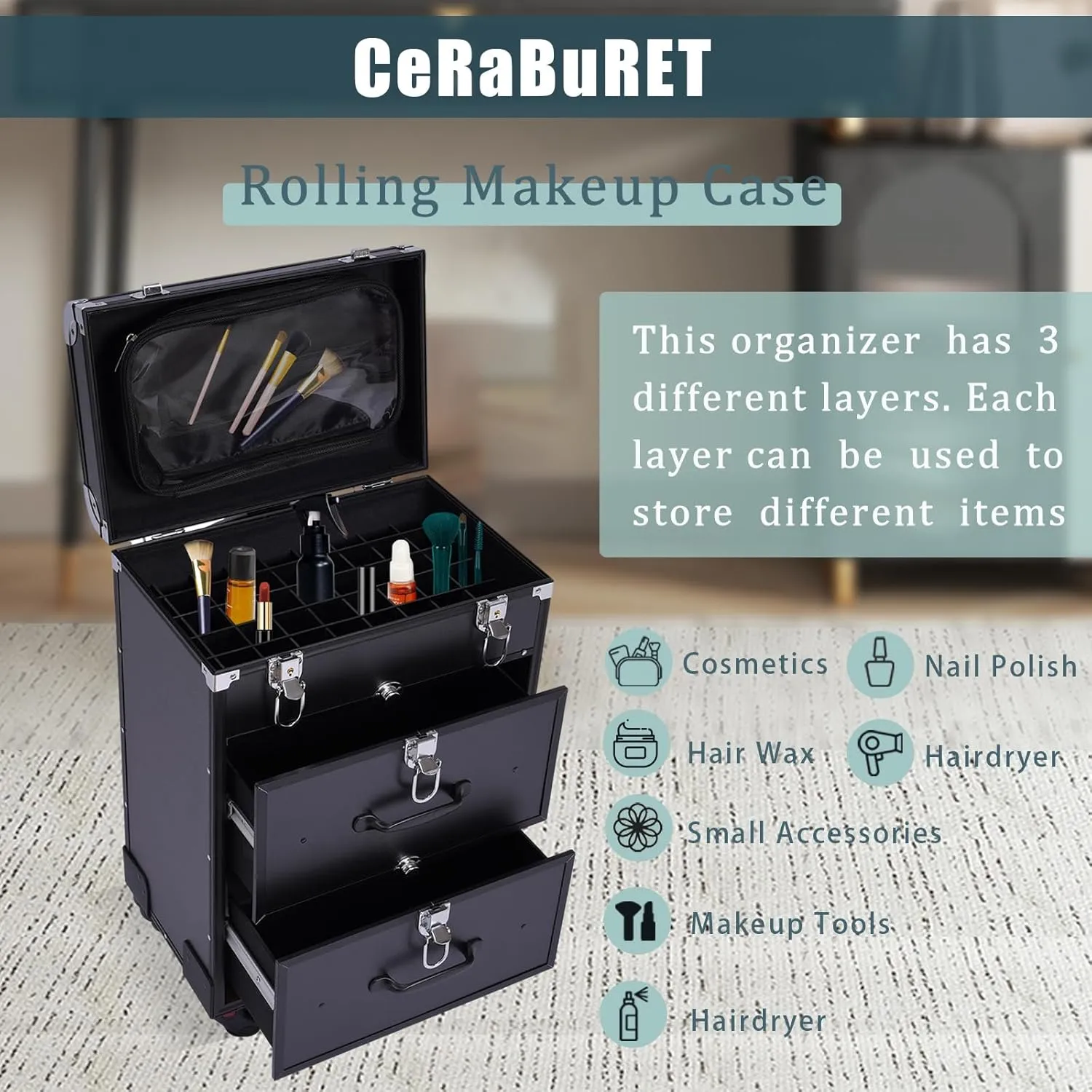 Rolling Makeup Case With 3 Layers, Large Cosmetic Trolley with Locks, Make up Bag with dividers, Travel Makeup Rolling Case for Private Homes, Parties (Black)