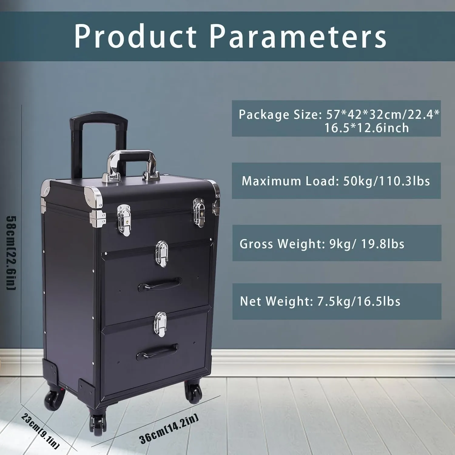 Rolling Makeup Case With 3 Layers, Large Cosmetic Trolley with Locks, Make up Bag with dividers, Travel Makeup Rolling Case for Private Homes, Parties (Black)