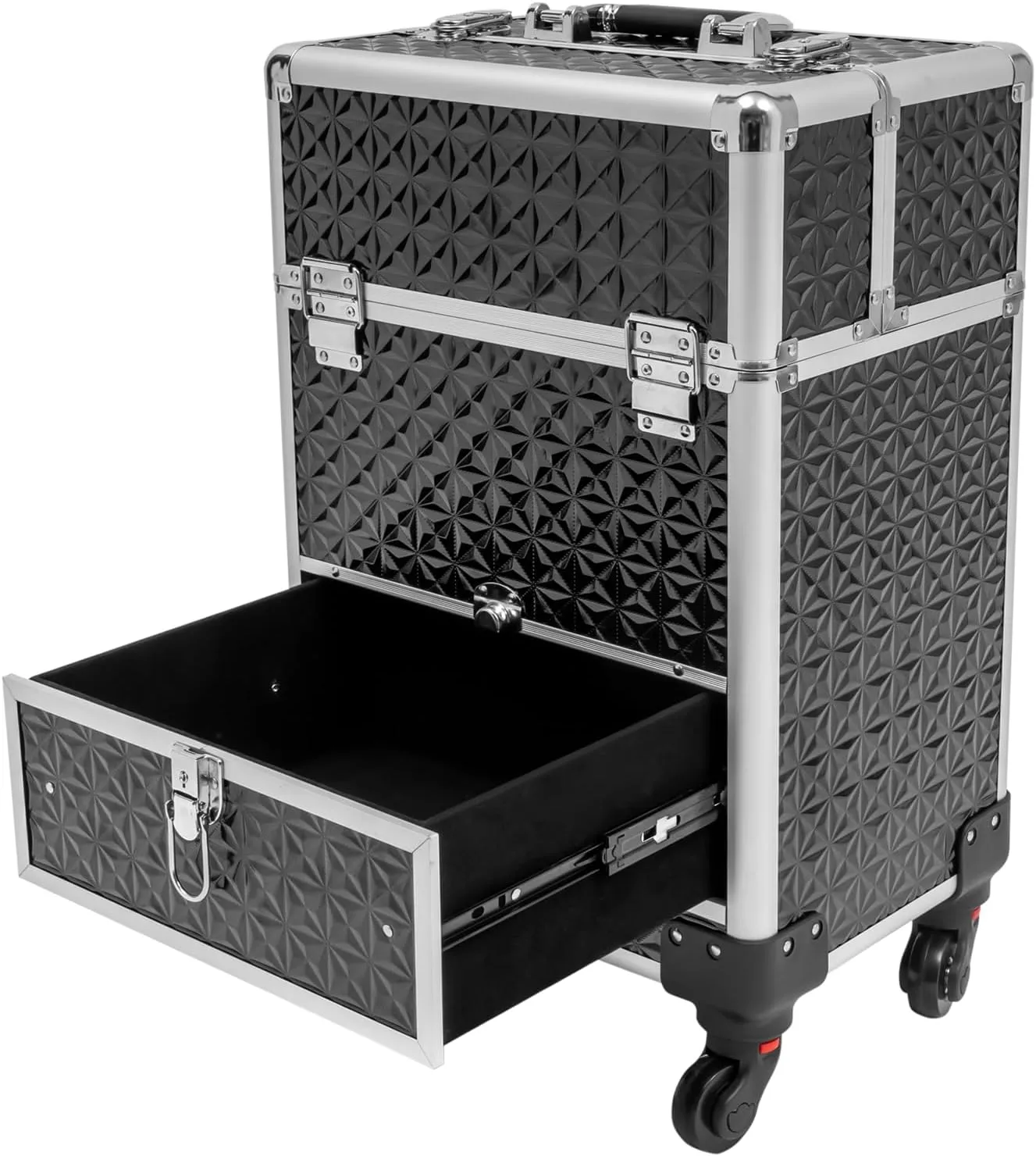 Rolling Makeup Case with Drawer Cosmetic Trolley 3 Tier Travel Cosmetic Organizer on Wheels Salon Barber Case for Makeup Artist Tattooist Nail Tech Hairstylists (Black Silver)