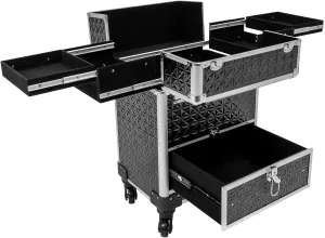 Rolling Makeup Case with Drawer Cosmetic Trolley 3 Tier Travel Cosmetic Organizer on Wheels Salon Barber Case for Makeup Artist Tattooist Nail Tech Hairstylists (Black Silver)