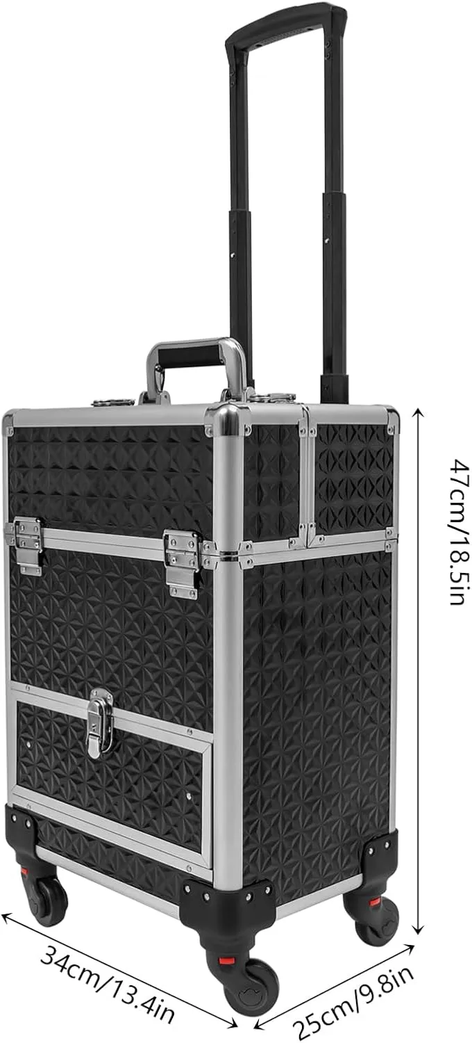 Rolling Makeup Case with Drawer Cosmetic Trolley 3 Tier Travel Cosmetic Organizer on Wheels Salon Barber Case for Makeup Artist Tattooist Nail Tech Hairstylists (Black Silver)