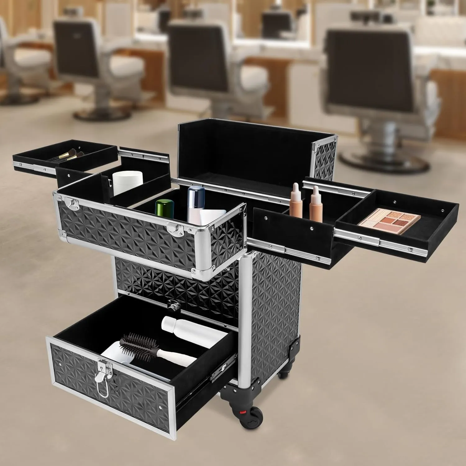 Rolling Makeup Case with Drawer Cosmetic Trolley 3 Tier Travel Cosmetic Organizer on Wheels Salon Barber Case for Makeup Artist Tattooist Nail Tech Hairstylists (Black Silver)