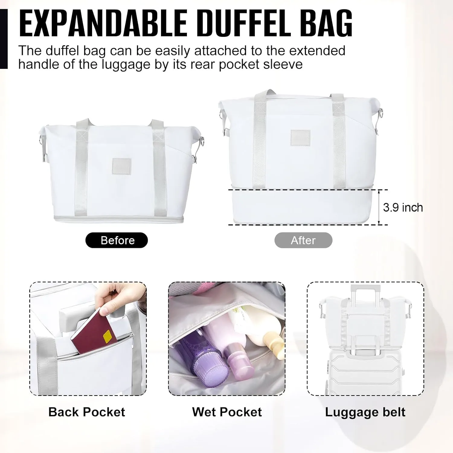 Romswi 5PCS Luggage Sets,Lightweight PC ABS Hardshell Luggage with Spinner Wheels TSA Lock, Durable Suitcase Sets with Duffel Bag Travel Bag White (20/24/28inch)