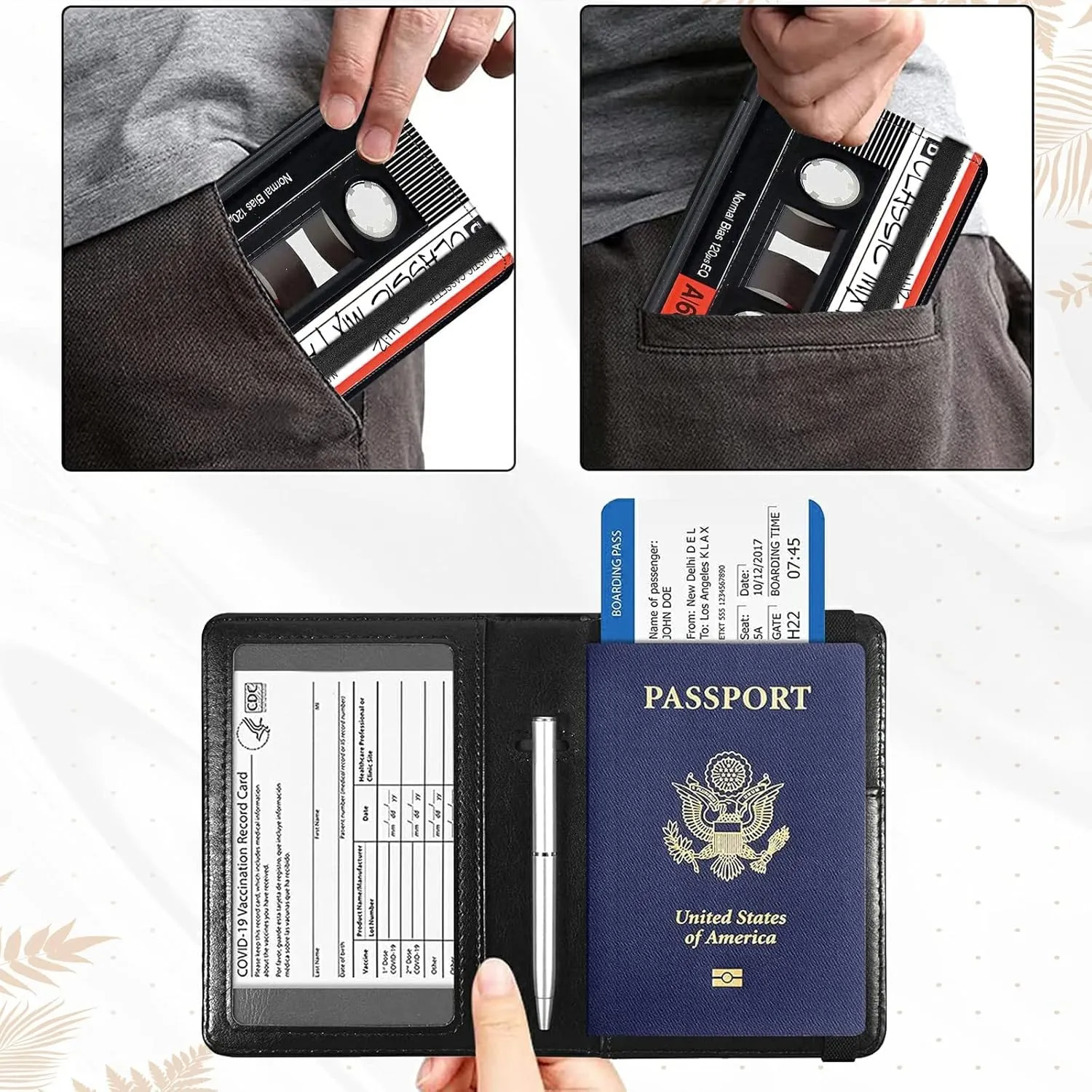 Rossy Passport and Vaccine Card Holder Combo,Passport Holder with CDC Vaccination Card Slot Leather RFID Blocking Wallet Travel Documents Organizer Protector Cover for Women Men,Retro Audio Cassette