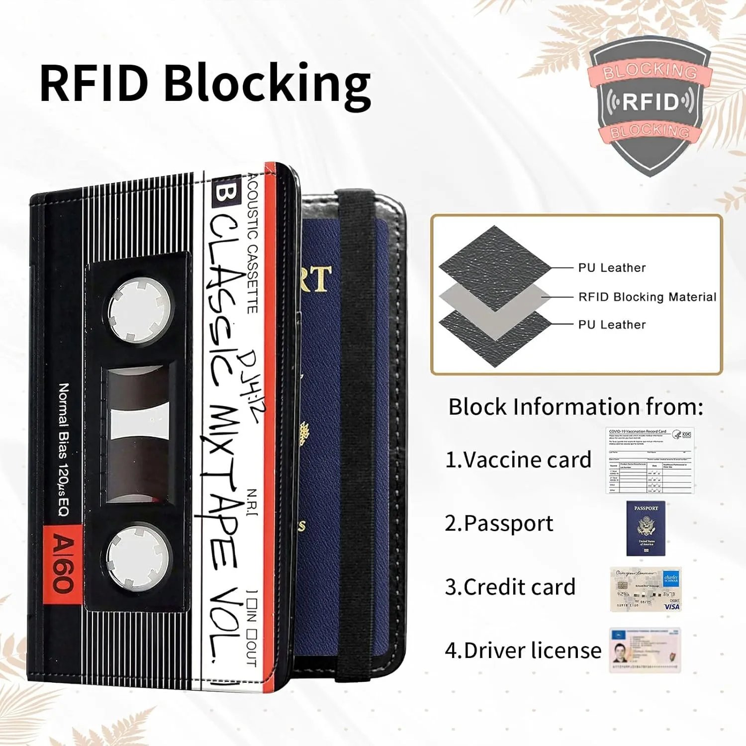 Rossy Passport and Vaccine Card Holder Combo,Passport Holder with CDC Vaccination Card Slot Leather RFID Blocking Wallet Travel Documents Organizer Protector Cover for Women Men,Retro Audio Cassette