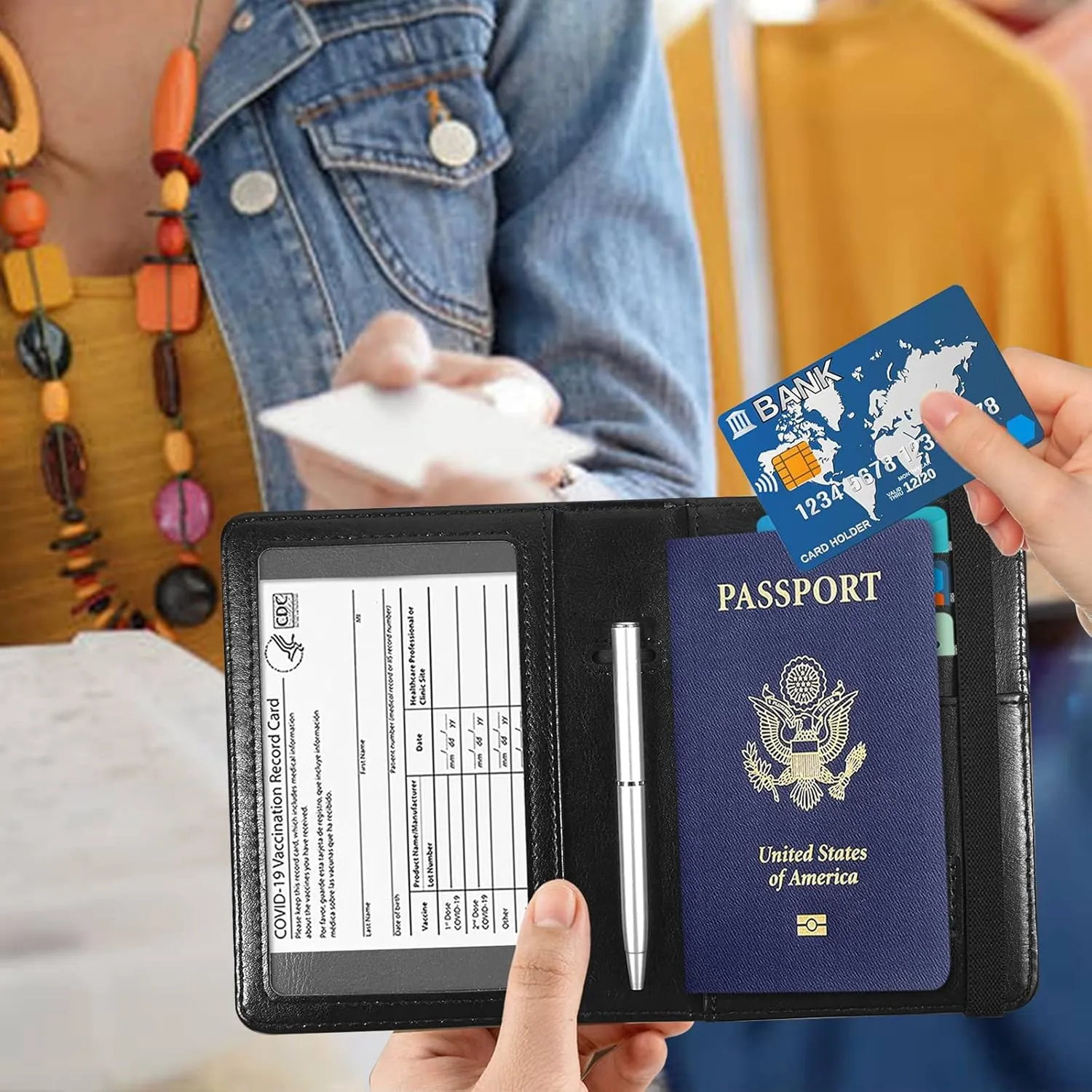 Rossy Passport and Vaccine Card Holder Combo,Passport Holder with CDC Vaccination Card Slot Leather RFID Blocking Wallet Travel Documents Organizer Protector Cover for Women Men,Retro Audio Cassette