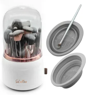Rotating Makeup Brush Holder with Lid – Dustproof Vanity Organizer for Makeup Brushes, Bonus Foldable Makeup Brush Cleaner Bowl Included, Elegant White Storage Solution
