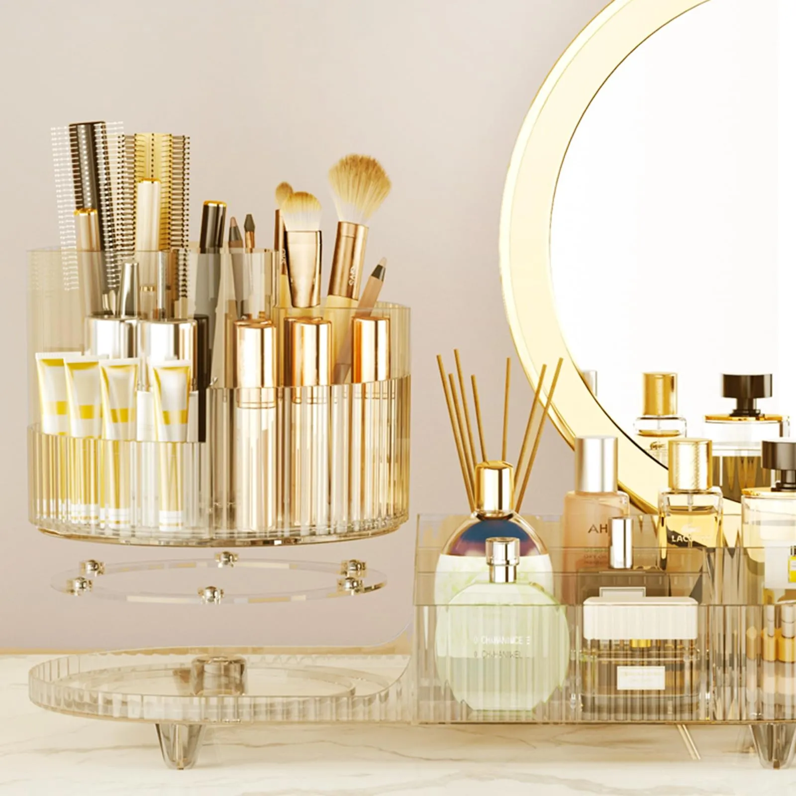 Rotating Makeup Organizer for Vanity with Brush Holder, Cosmetic Makeup Storage Organizer, Large Spinning Makeup Skincare Organizer, Countertop Makeup Perfume, Lotions Display Case (Transparent Gold)