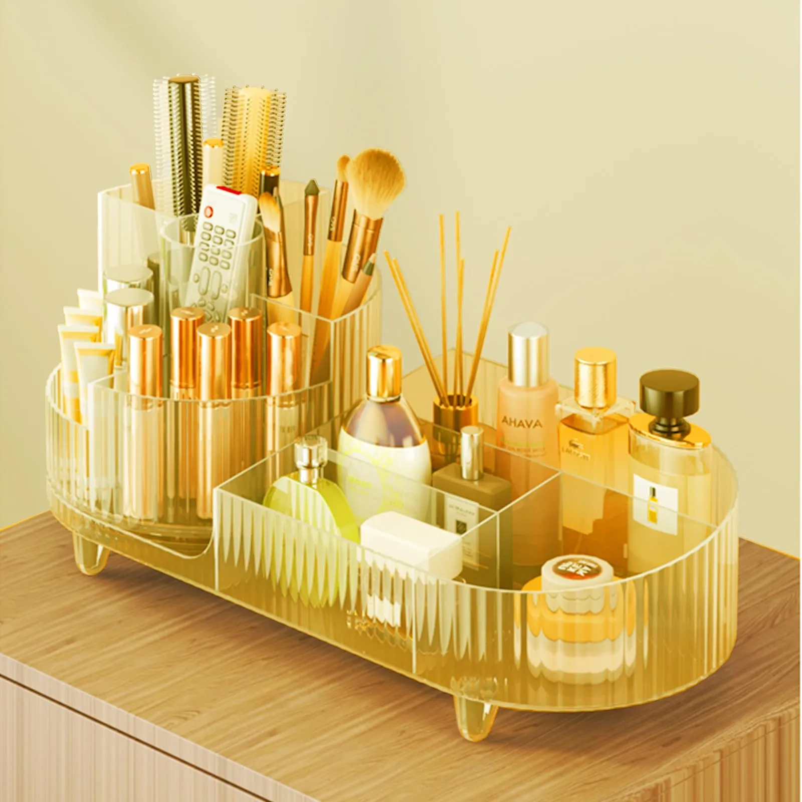 Rotating Makeup Organizer for Vanity with Brush Holder, Cosmetic Makeup Storage Organizer, Large Spinning Makeup Skincare Organizer, Countertop Makeup Perfume, Lotions Display Case (Transparent Gold)