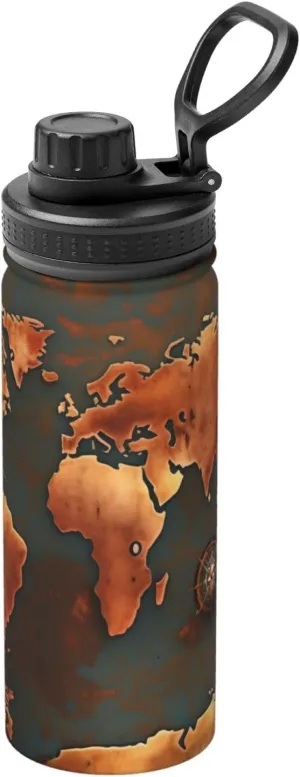 Rust World Map Sports Insulated Water Bottle - Premium 18 oz. Stainless Steel Hydration Bottle for Outdoor Enthusiasts
