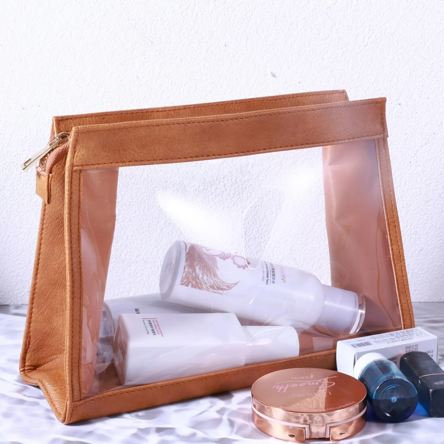 SANHECUN Women Travel Toiletry Bag Make Up Bag Cosmetic Essentials Transparent Makeup Wash Pouch 2 pcs (Transparent, Brown)