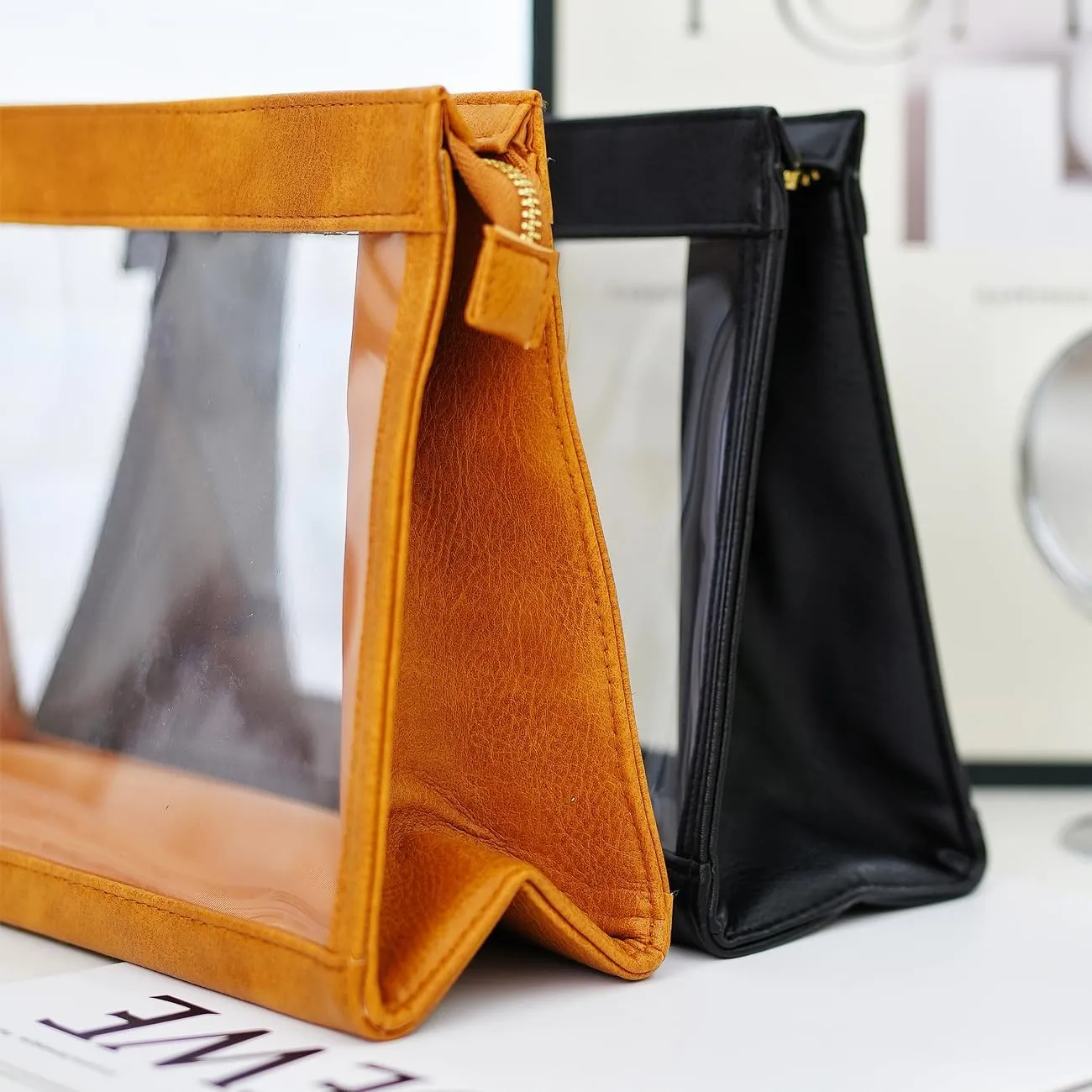 SANHECUN Women Travel Toiletry Bag Make Up Bag Cosmetic Essentials Transparent Makeup Wash Pouch 2 pcs (Transparent, Brown)