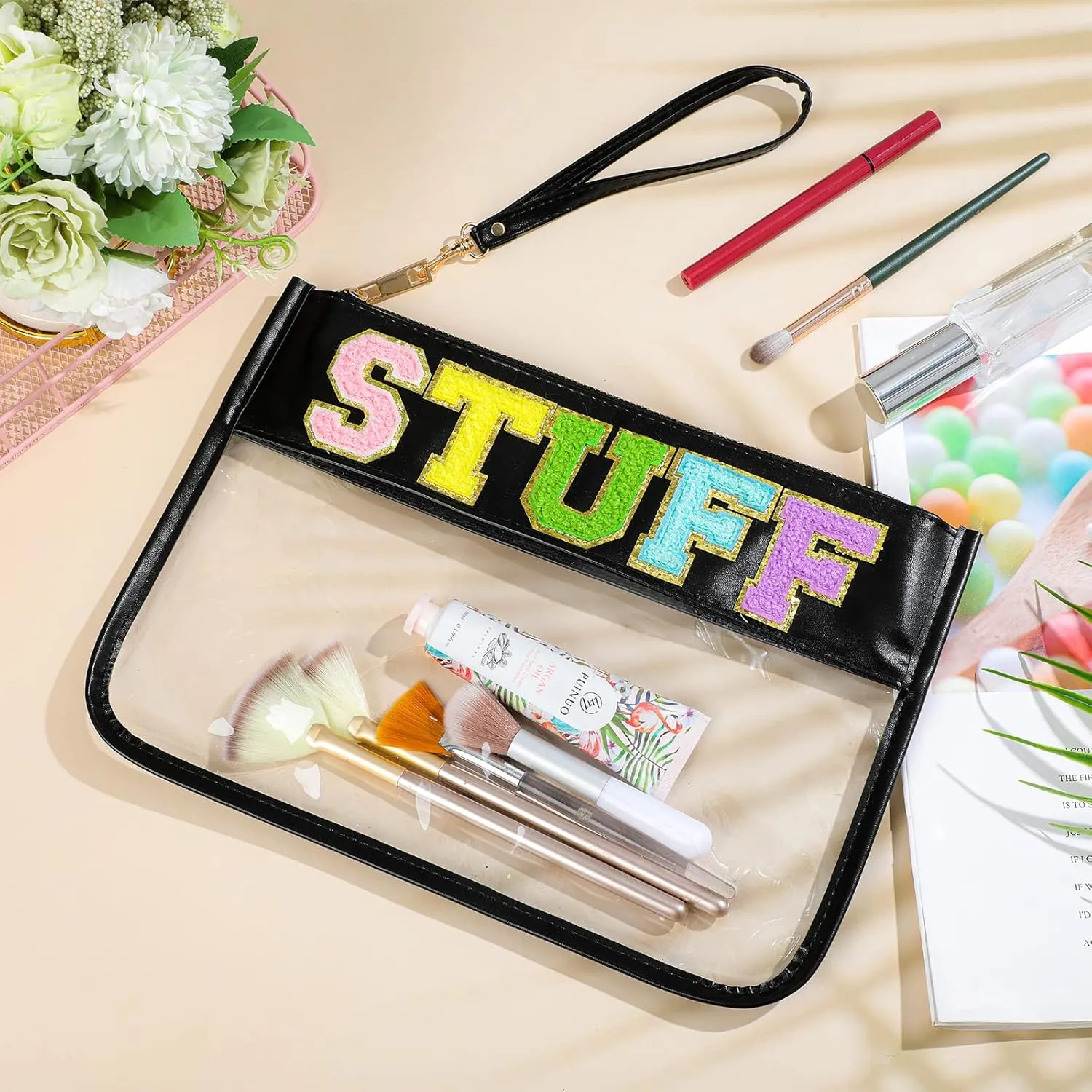 Sanwuta 2 Pcs Chenille Letter Clear Zipper Pouch Clear Cosmetic Bag Makeup Letter Bag Stadium Purse Transparent Travel Patch Pouch(Stuff, Snacks,Black, White)
