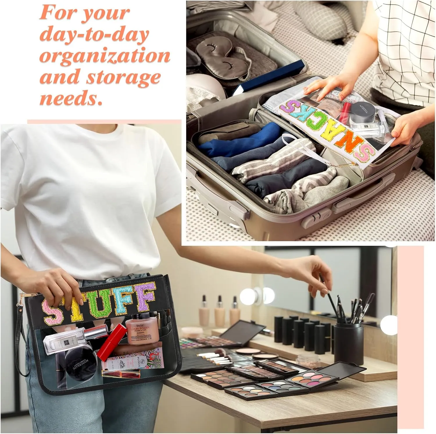 Sanwuta 2 Pcs Chenille Letter Clear Zipper Pouch Clear Cosmetic Bag Makeup Letter Bag Stadium Purse Transparent Travel Patch Pouch(Stuff, Snacks,Black, White)