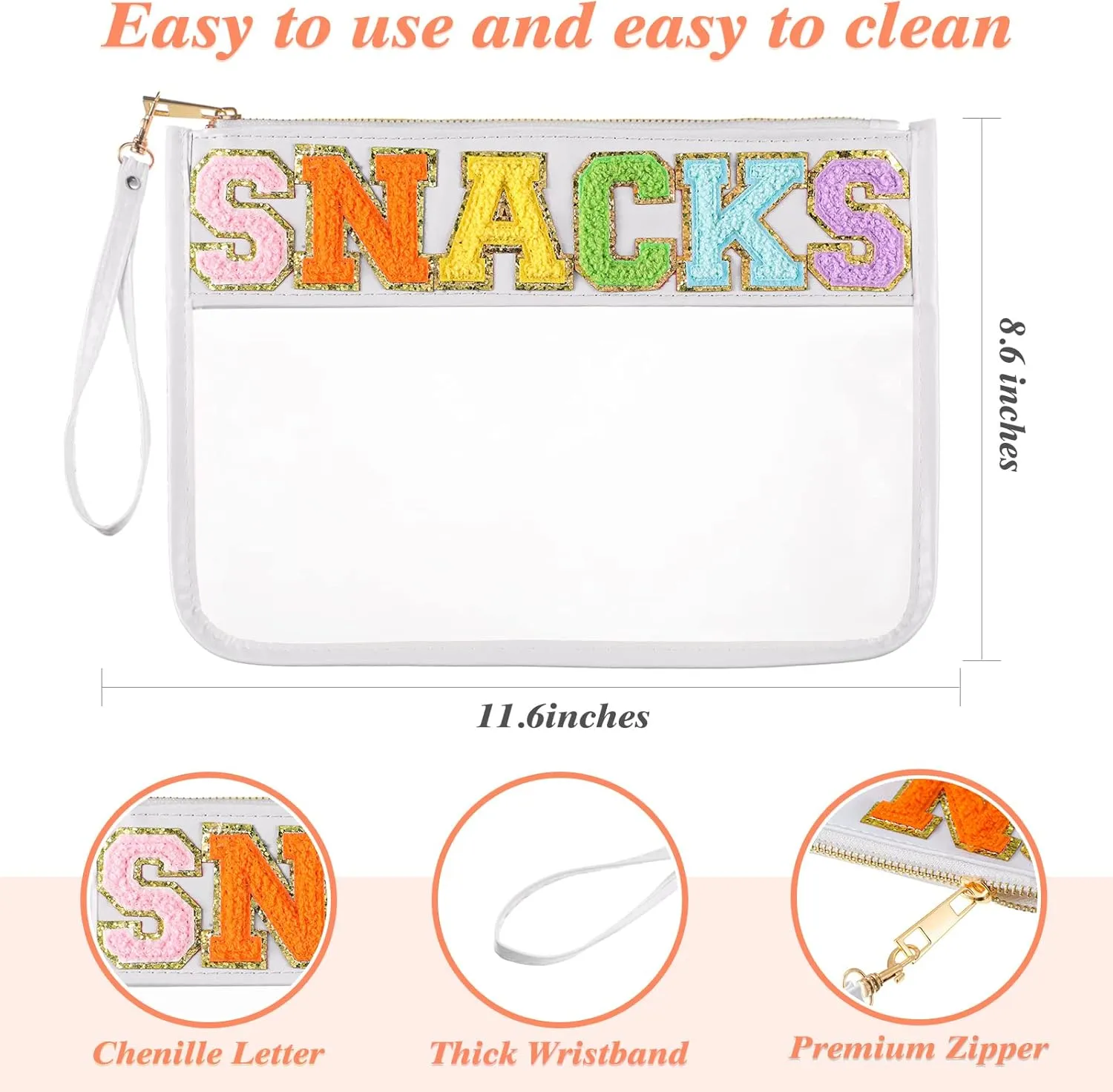 Sanwuta 2 Pcs Chenille Letter Clear Zipper Pouch Clear Cosmetic Bag Makeup Letter Bag Stadium Purse Transparent Travel Patch Pouch(Stuff, Snacks,Black, White)