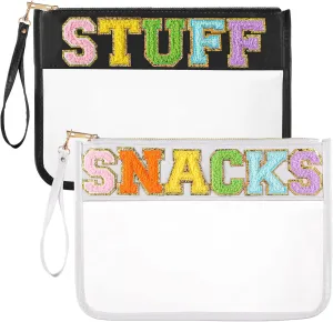 Sanwuta 2 Pcs Chenille Letter Clear Zipper Pouch Clear Cosmetic Bag Makeup Letter Bag Stadium Purse Transparent Travel Patch Pouch(Stuff, Snacks,Black, White)